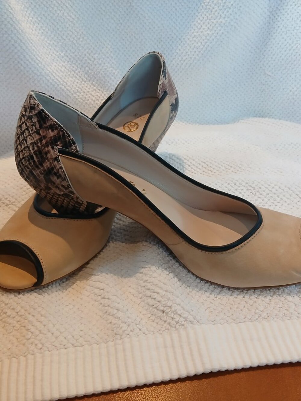 Crisp suede and multi colored croco leather short heels . New and unworn.